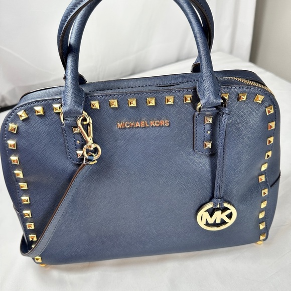 Michael Kors Large TZ SELMA STUD Satchel Bag NAVY Blue Saffiano Leather - Picture 2 of 12